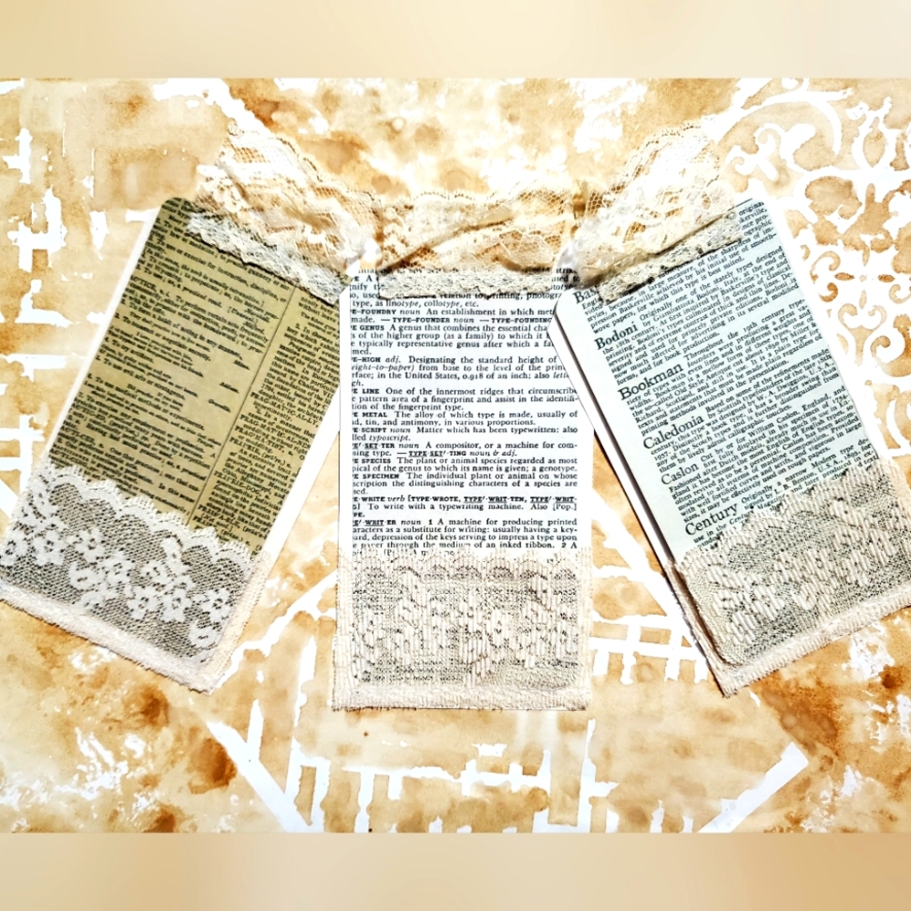 😀 HAND CRAFTED set of 3 flash card pockets with tag bookmarks vintage